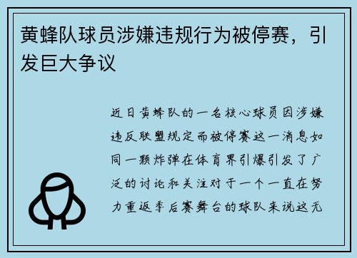 黄蜂队球员涉嫌违规行为被停赛，引发巨大争议