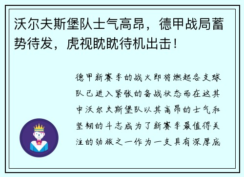 沃尔夫斯堡队士气高昂，德甲战局蓄势待发，虎视眈眈待机出击！