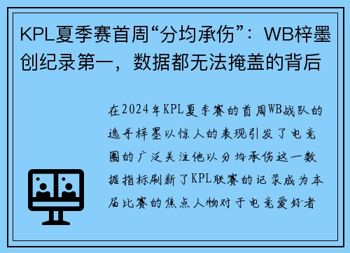 KPL夏季赛首周“分均承伤”：WB梓墨创纪录第一，数据都无法掩盖的背后真相