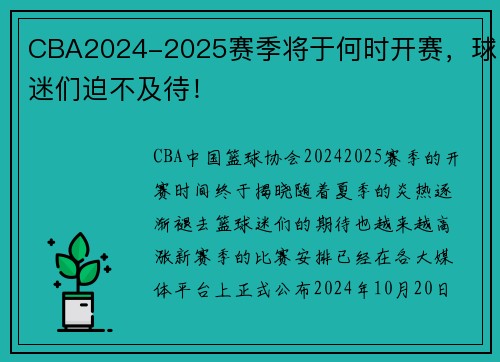 CBA2024-2025赛季将于何时开赛，球迷们迫不及待！