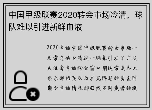 中国甲级联赛2020转会市场冷清，球队难以引进新鲜血液