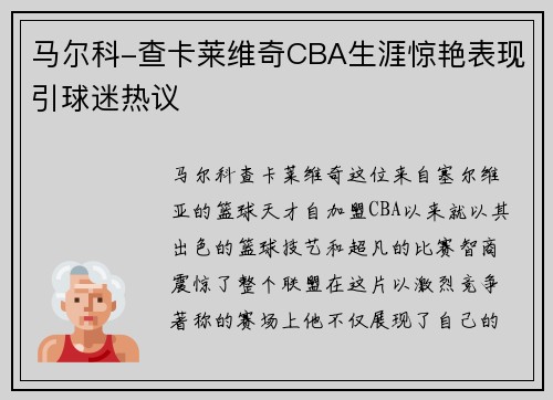 马尔科-查卡莱维奇CBA生涯惊艳表现引球迷热议