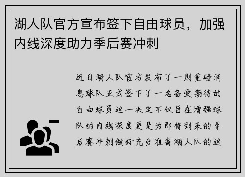 湖人队官方宣布签下自由球员，加强内线深度助力季后赛冲刺